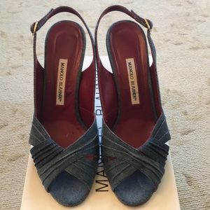Denim sling back open toe manola blahnik